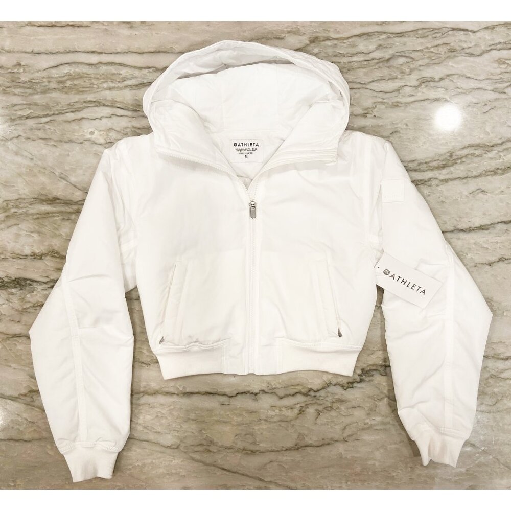 Athleta: Lucent Jacket with hood, white, XS, cropped style. NWT